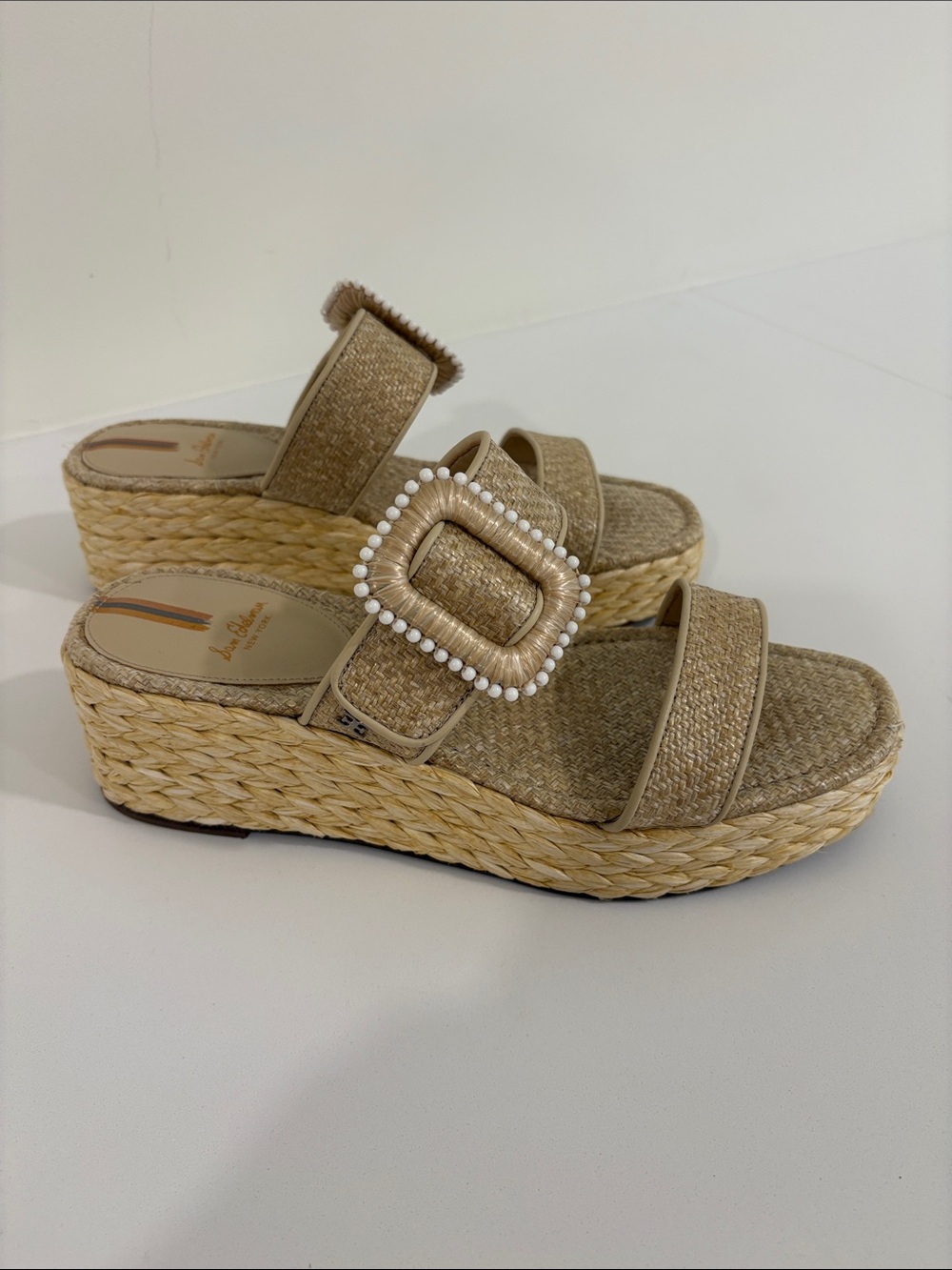 Sam Edelman Natural Raffia Platform Slide Sandals with Pearl-Trim Buckle